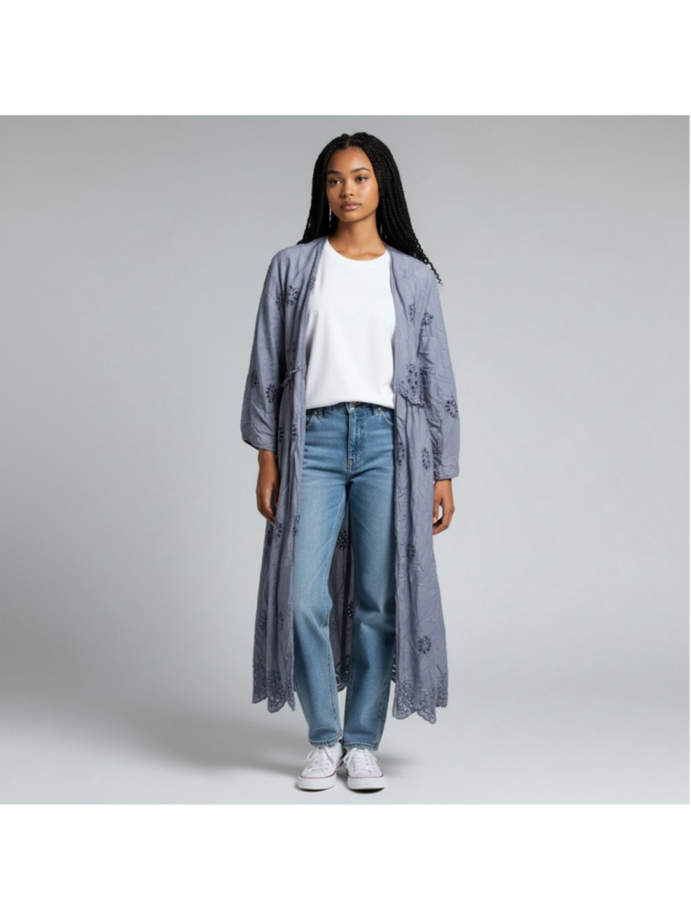American Eagle Women's Embroidered Kimono Duster Size M/L dusty Blue.